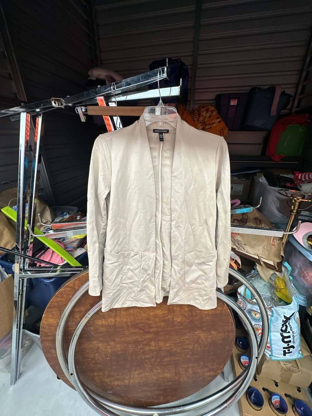 Eileen Fisher Open Front Beige Blazer Cardigan with Pockets Petite